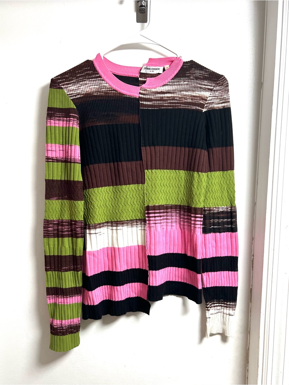 Opening Ceremony Asymmetrical Ribbed Neck Stripped Sweater